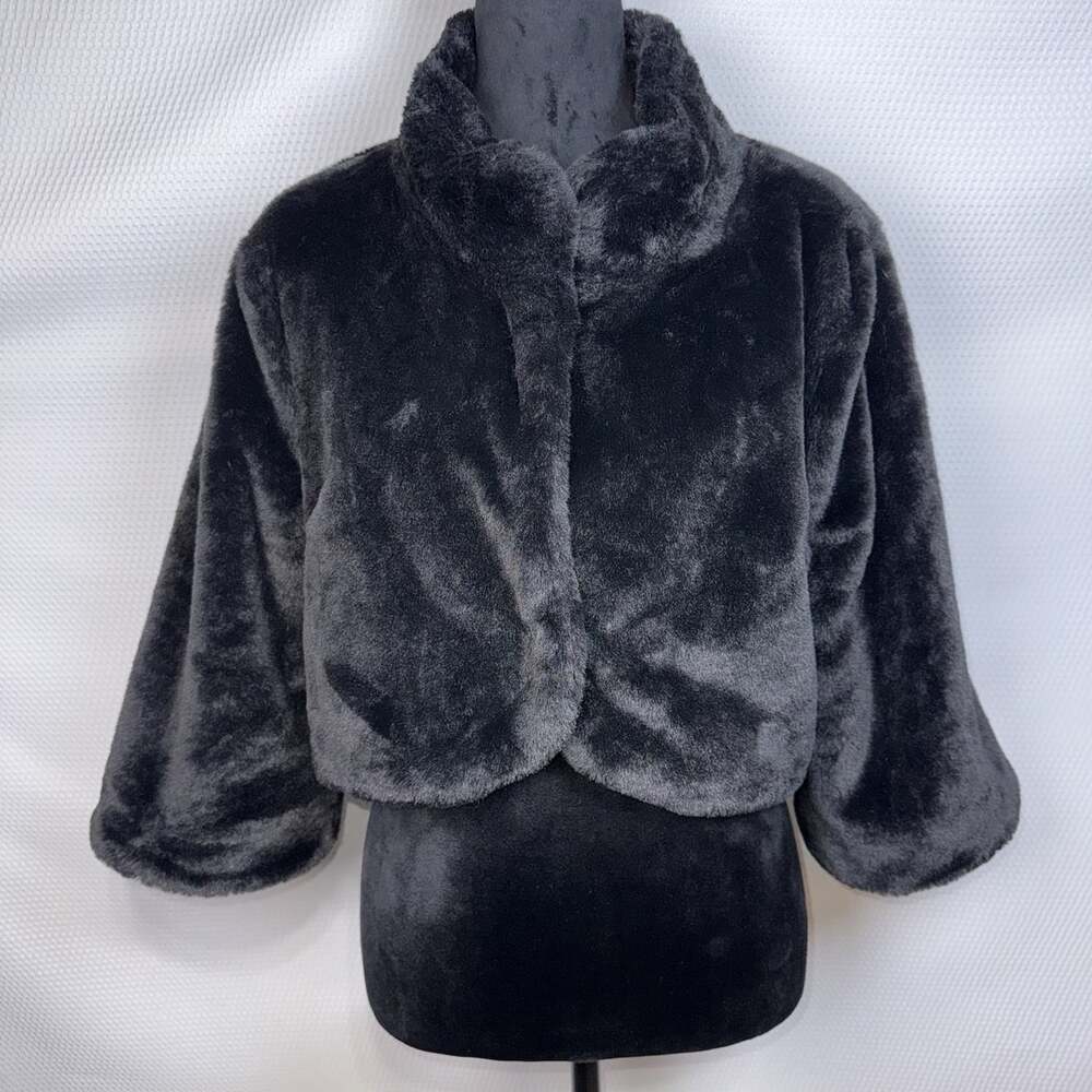 Laundry by Shelli Segal Black Faux Fur Cropped Jacket Size L NWT Bolero Shrug